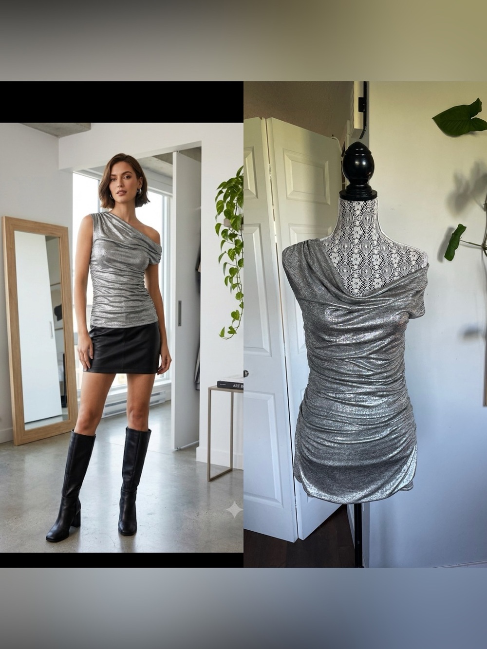 Joseph Ribkoff Silver Metallic Cowl Neck Side Ruched Long Top Shirt. Size 4.